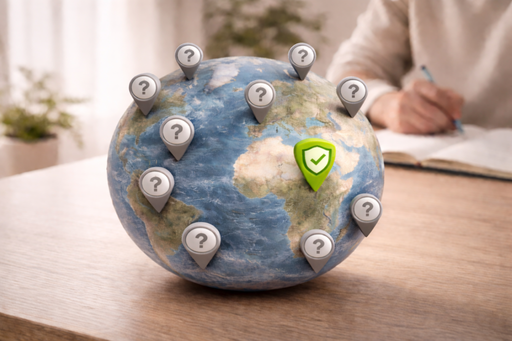 international-real-estate-documents-and-map-highlighting-risks-when-buying-property-abroad-for-the-first-time